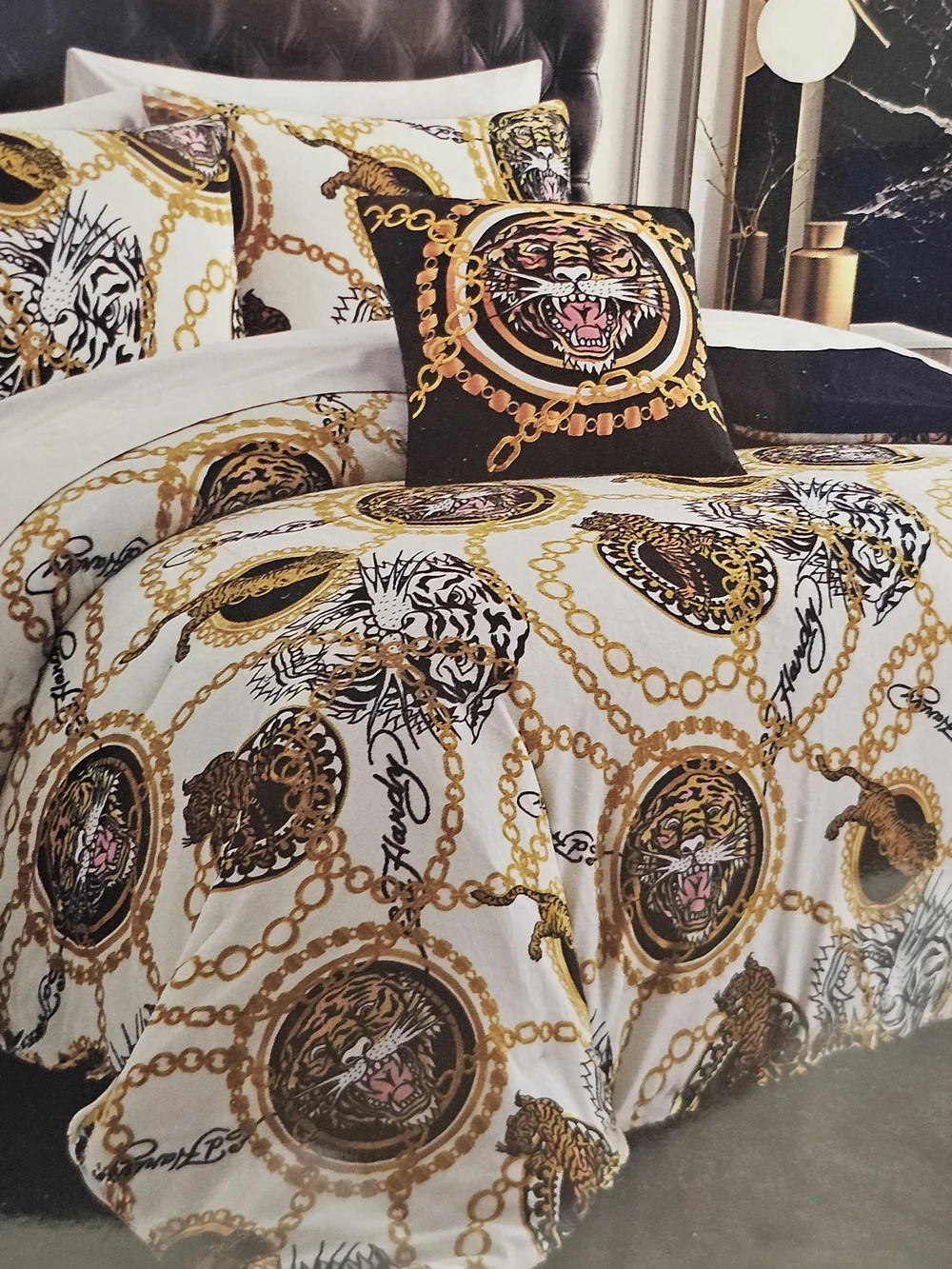 Ed Hardy 4 Piece Full Queen Comforter Set Viral Bedding Tigar Chain